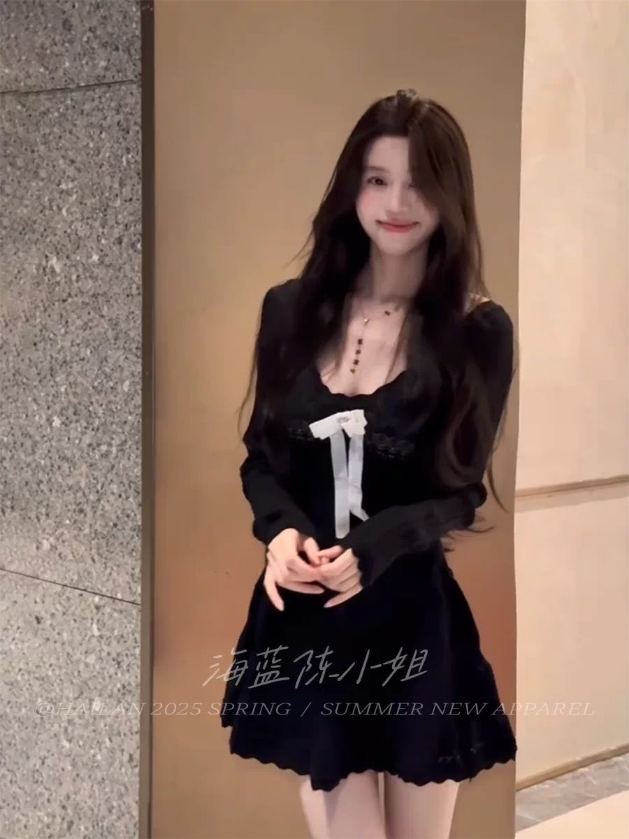 溫柔千金少女蝴蝶結鉤花針織連衣裙