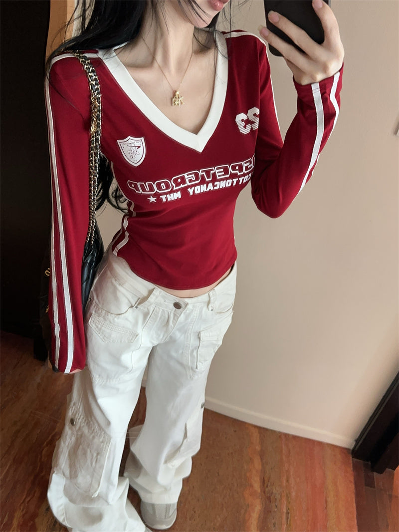 辣妹純欲薄款修身V領上衣