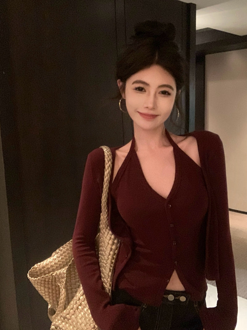 性感辣妹風吊帶掛脖假兩件上衣