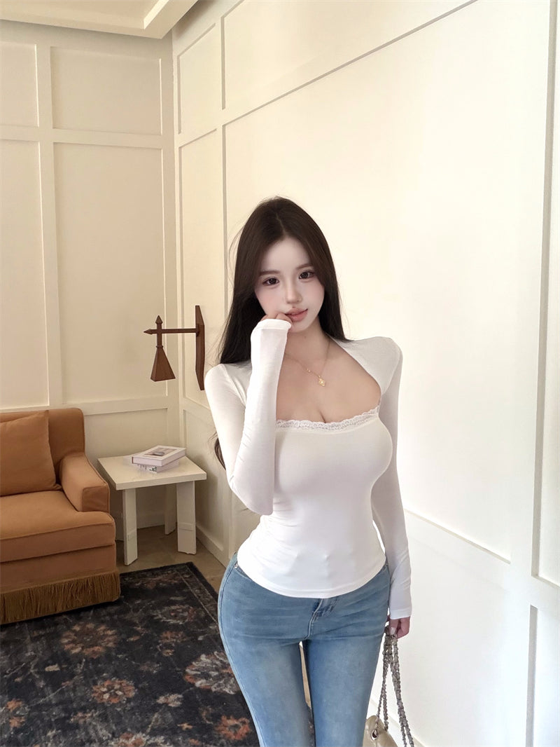 純欲性感蕾絲假兩件打底衫