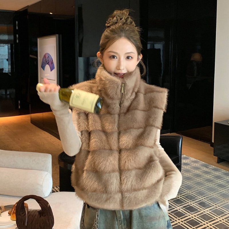 韓系高級氣質立領毛毛外套
