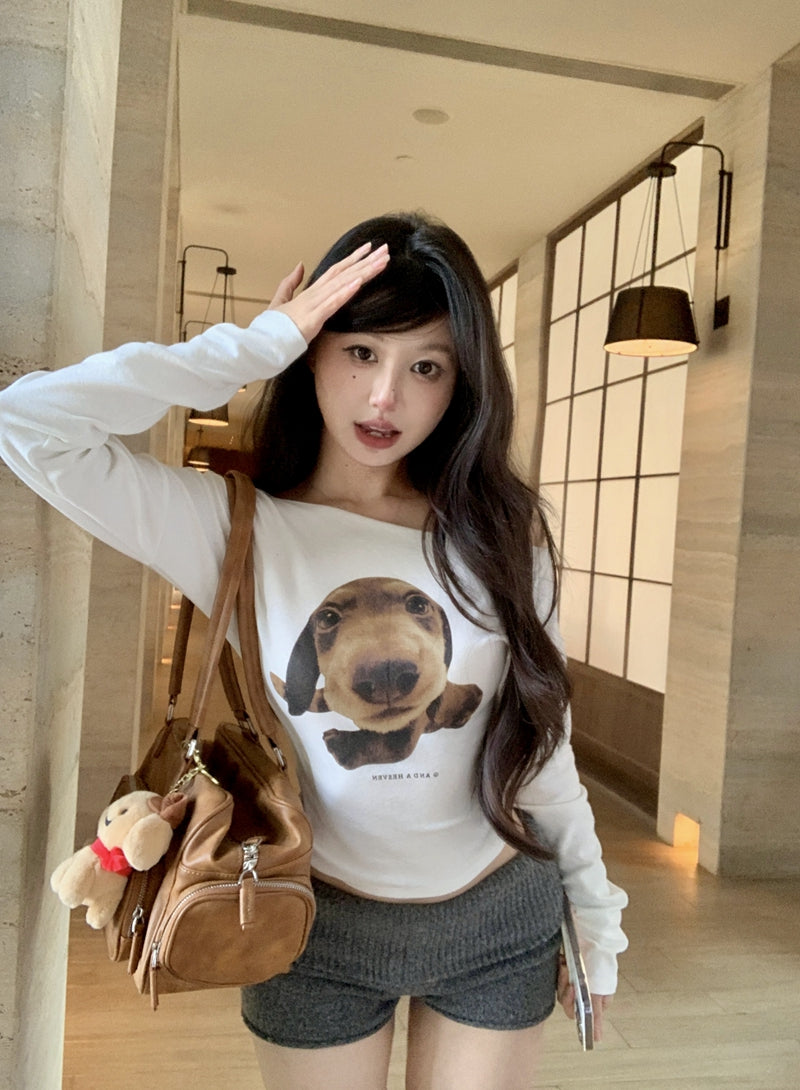 休閒可愛一字肩小狗上衣
