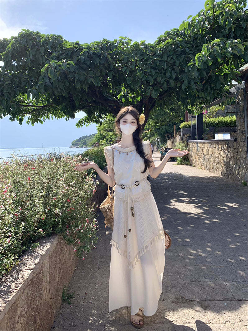 波西米亞不規則流蘇馬甲上衣女度假風半身裙套裝