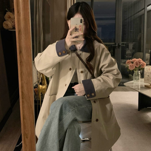 🐾拼接撞色卡其風衣外套💕春秋必備中長版外套