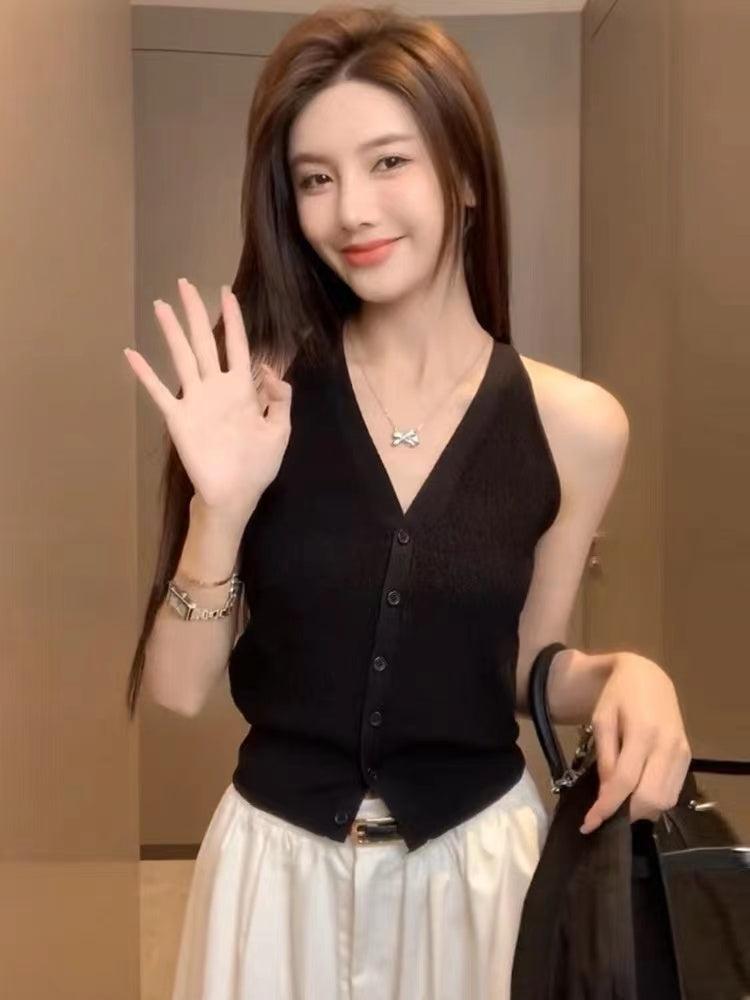 純欲風黑色V領針織背心