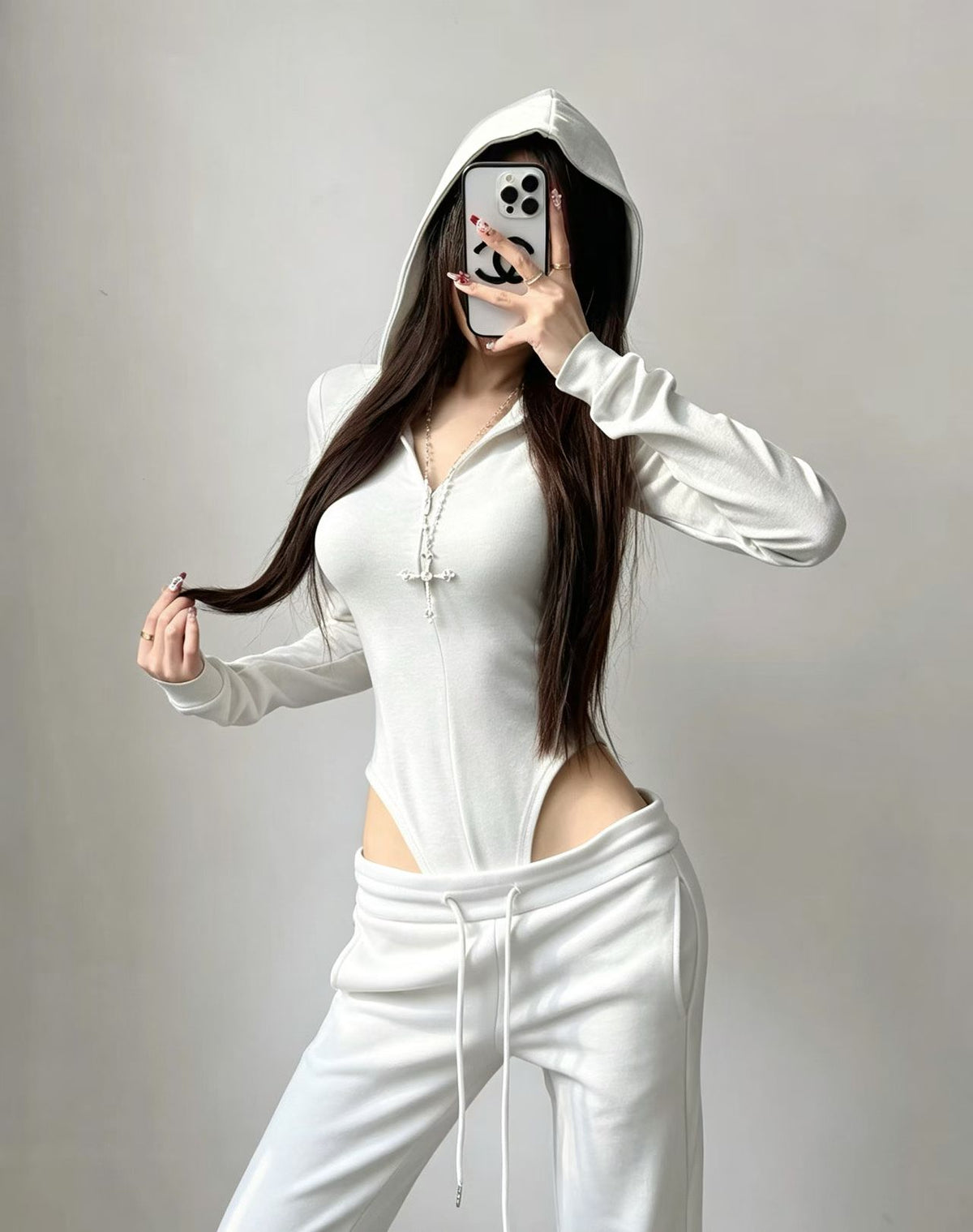 韓系性感純欲連帽v領拉鍊連體衣