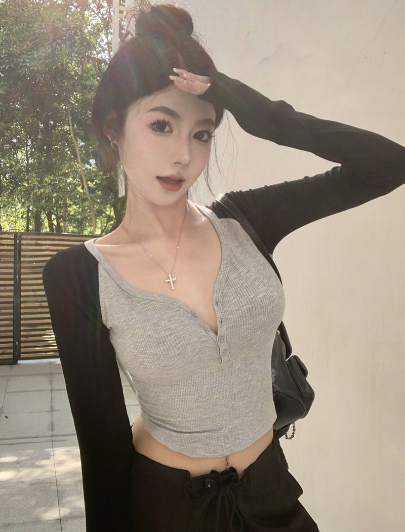 歐美V領撞色純欲排扣修身上衣