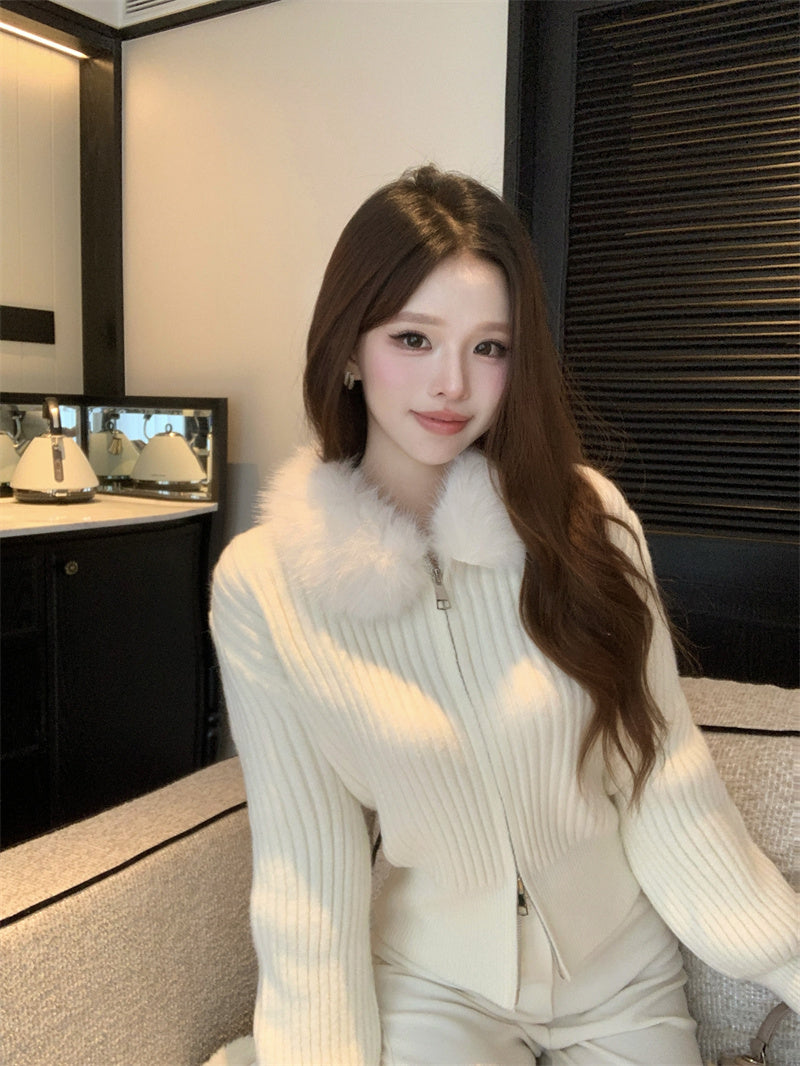 復古慵懶風毛領條紋針織衫外套