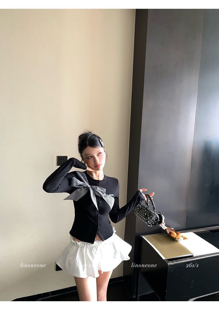 雙色格紋蝴蝶結設計感撞色針織上衣