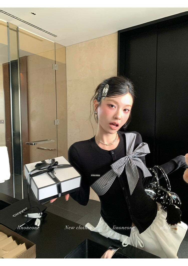 雙色格紋蝴蝶結設計感撞色針織上衣