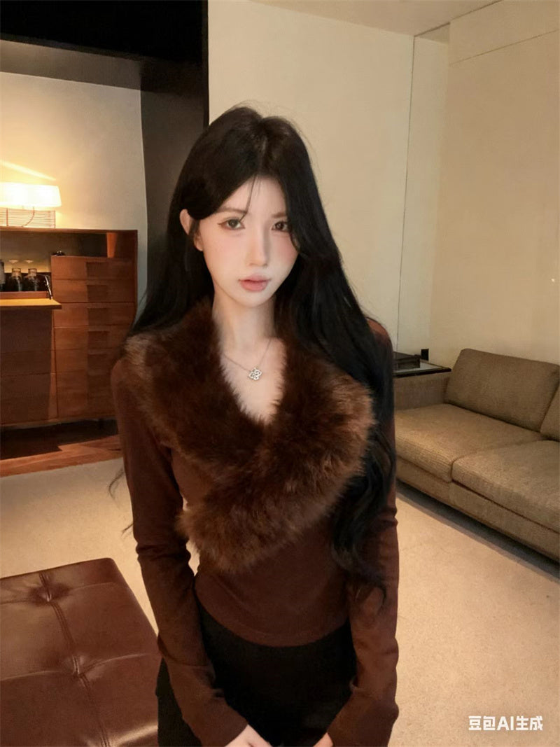 純欲辣妹毛領拼接V領內搭打底衫
