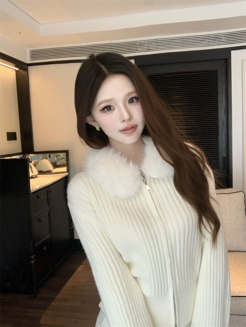 復古慵懶風毛領條紋針織衫外套
