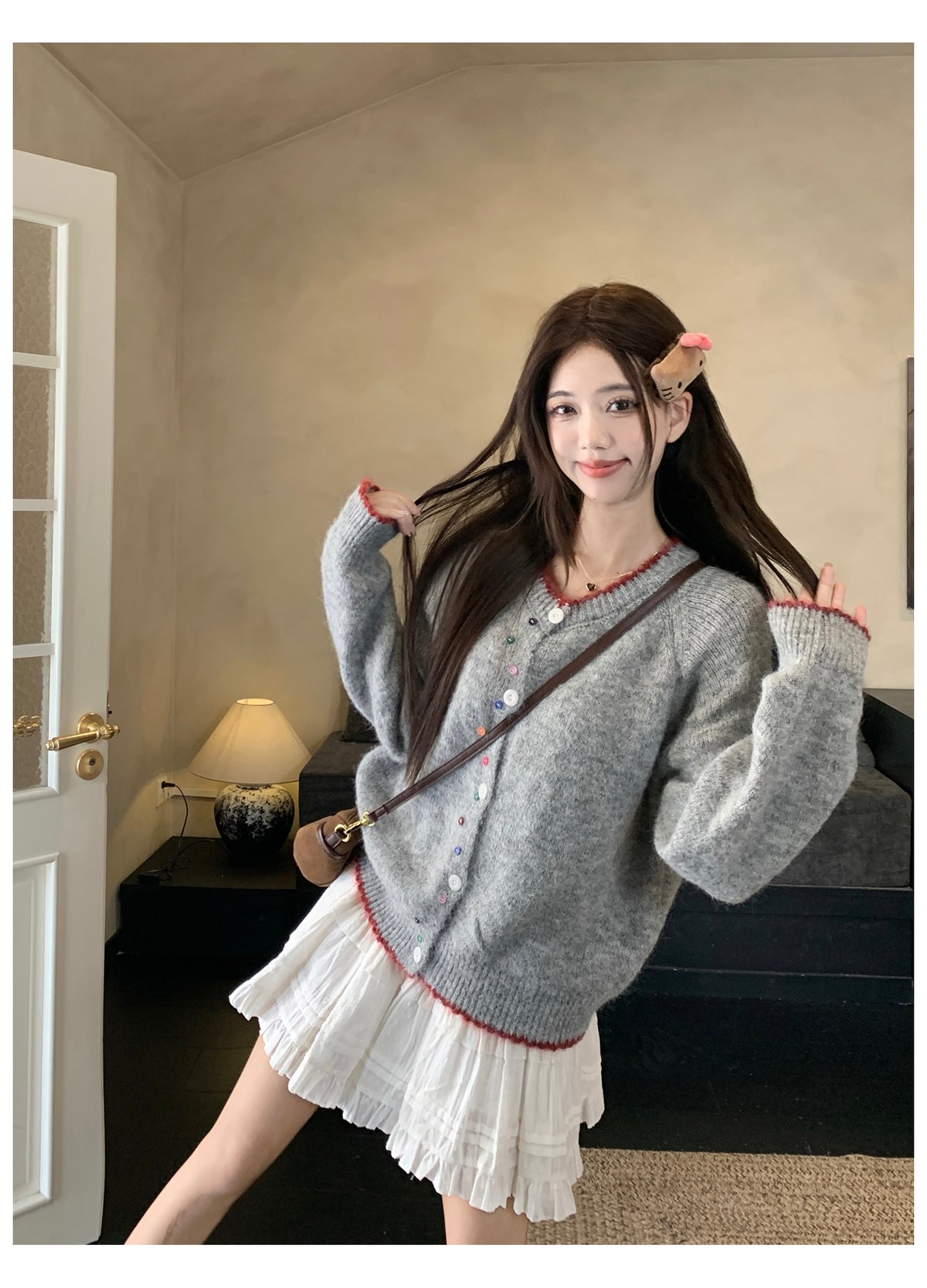 韓系撞色彩扣毛衣外套