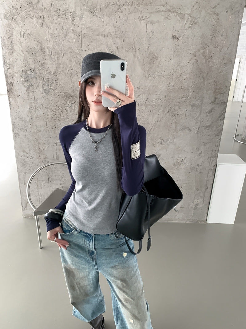 美式復古撞色圓領長袖