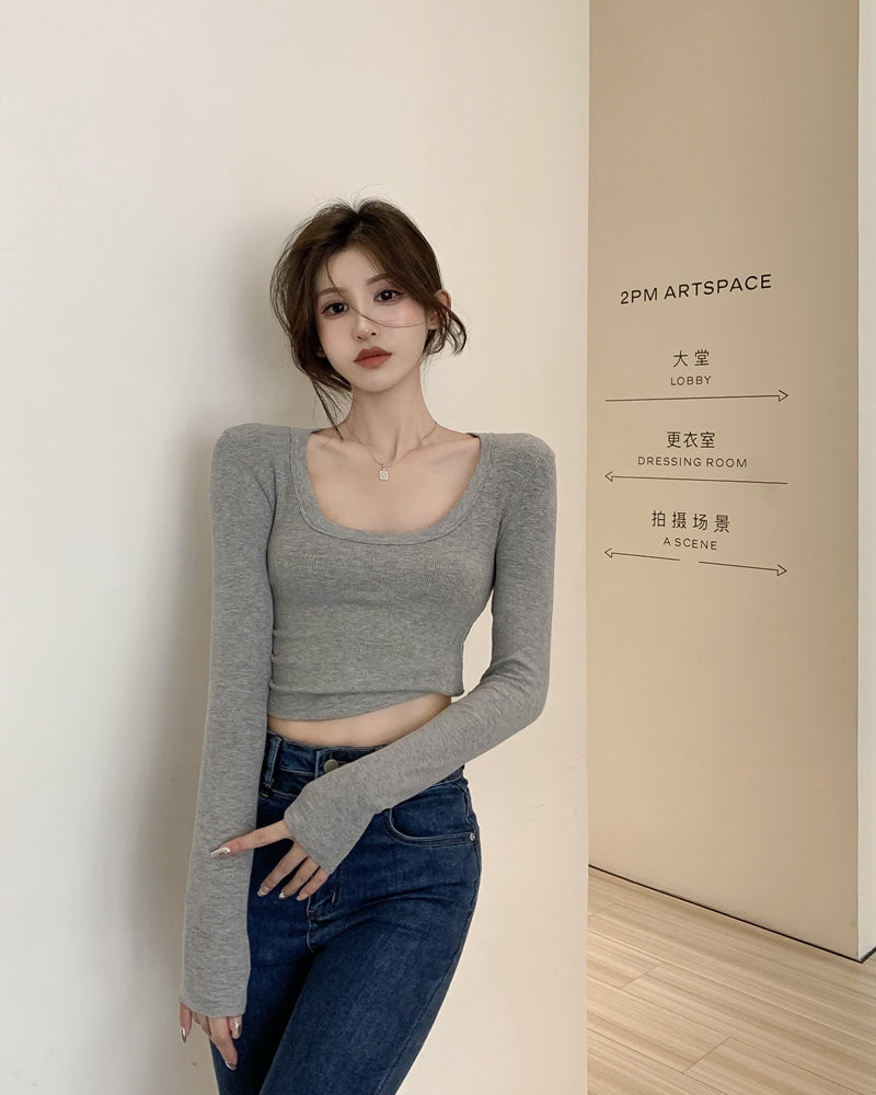 性感U領修身彈力上衣