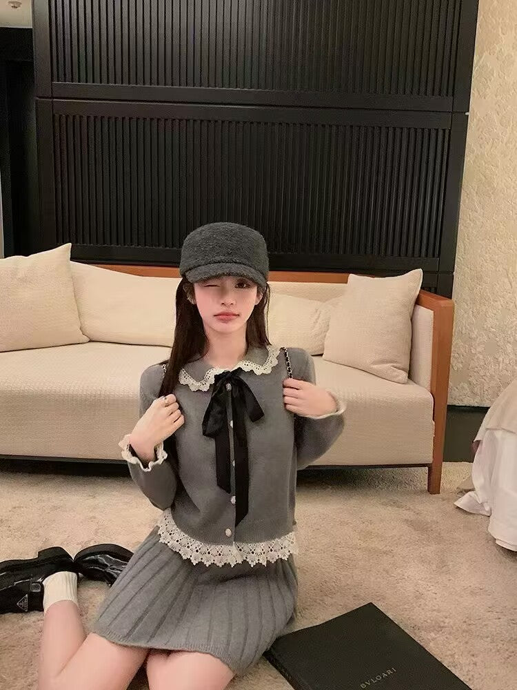 小香風蝴蝶結花邊百褶半身裙套裝