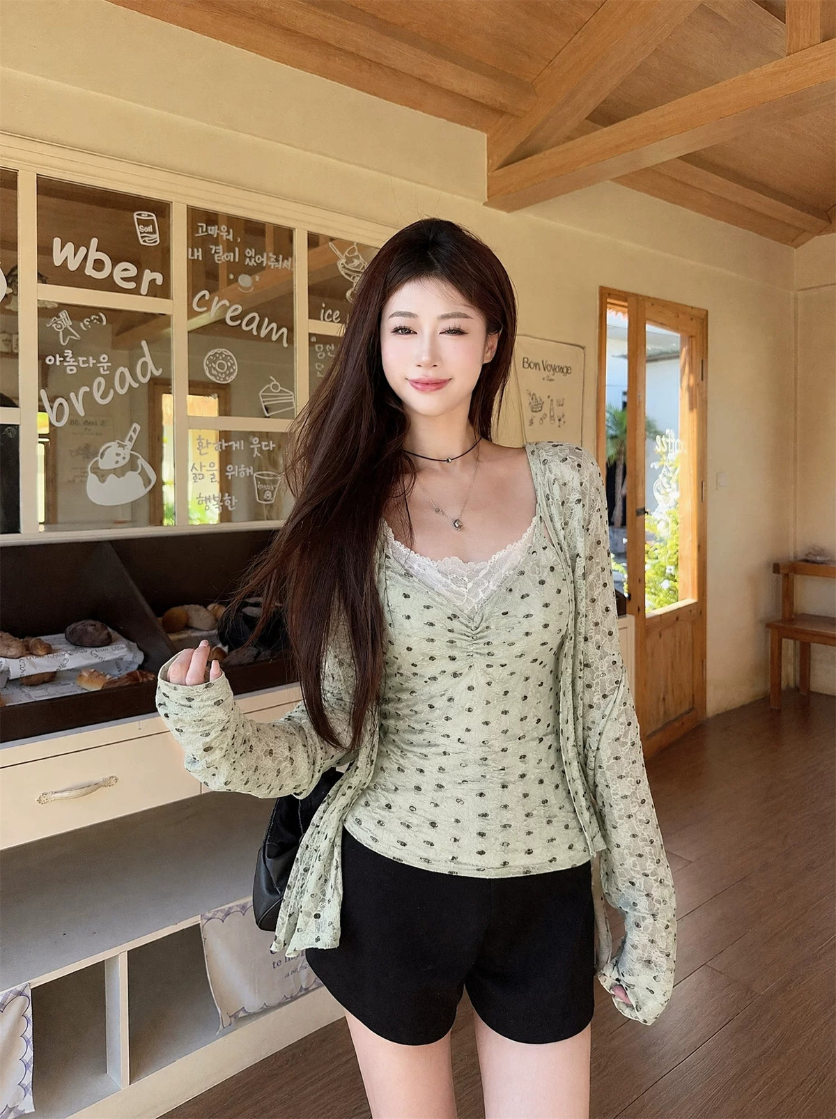 韓系甜美v領蕾絲吊帶修身點點兩件套上衣