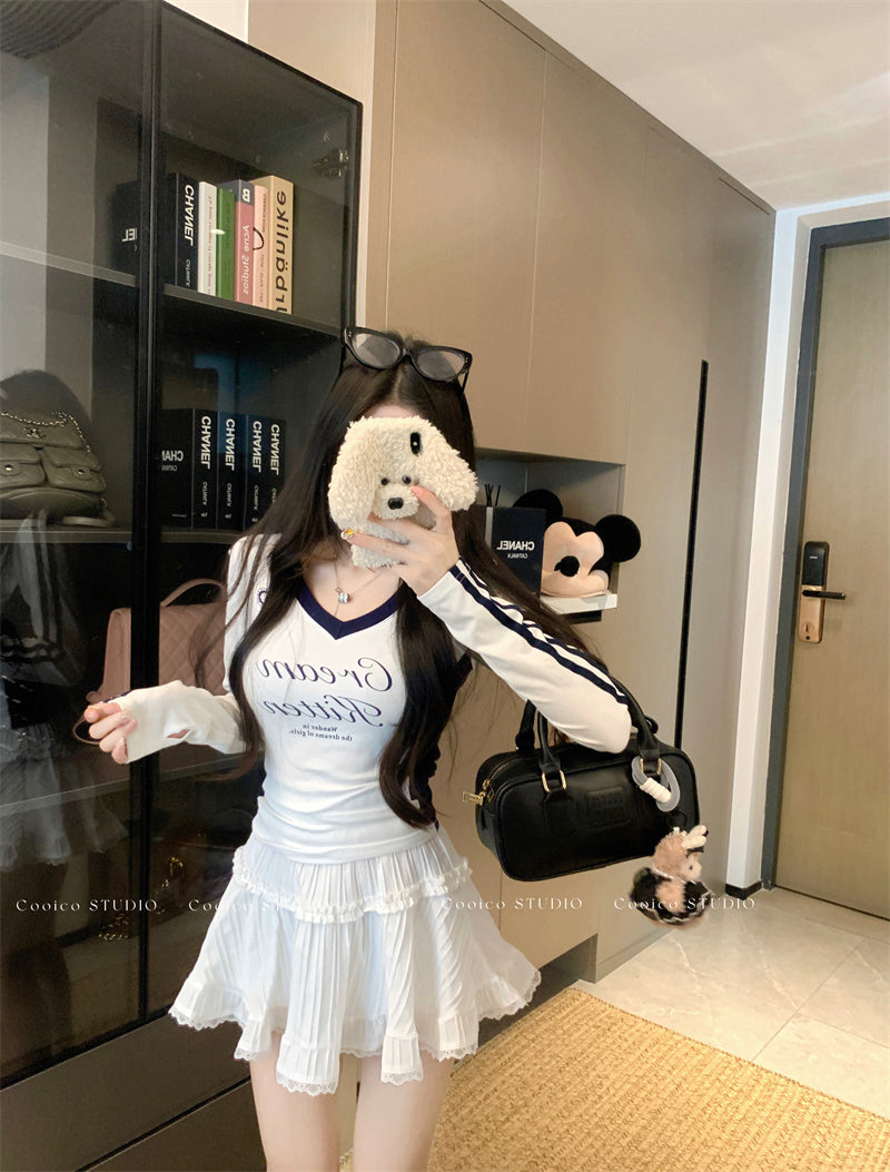 撞色拼接設計感V領上衣