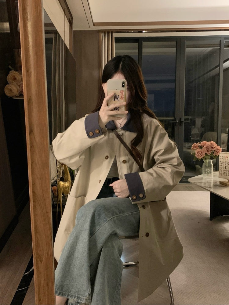 🐾拼接撞色卡其風衣外套💕春秋必備中長版外套