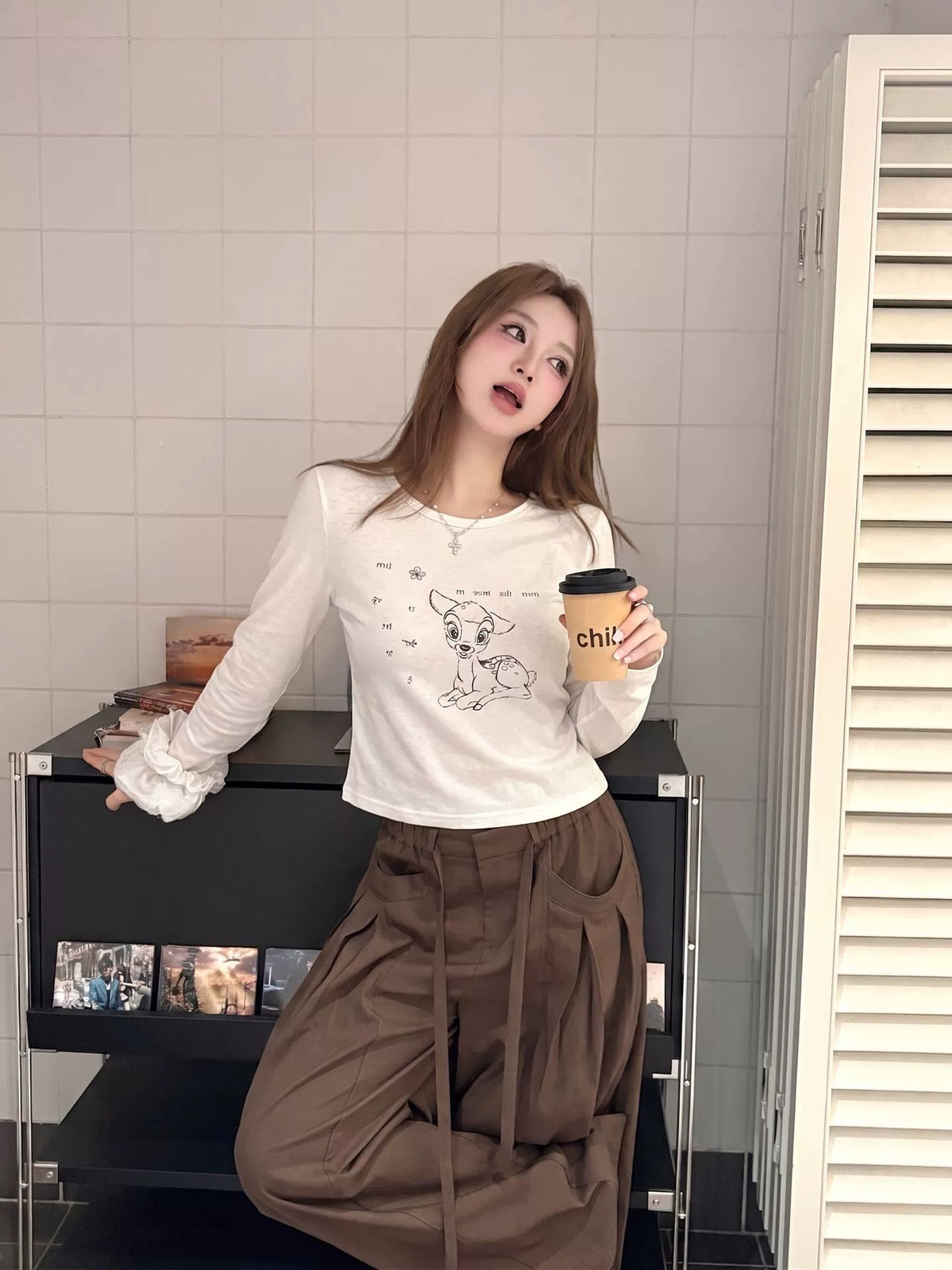 可愛風小鹿印花內搭上衣