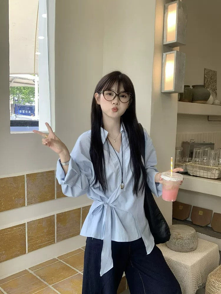 韓系設計感藍色不規則綁帶上衣