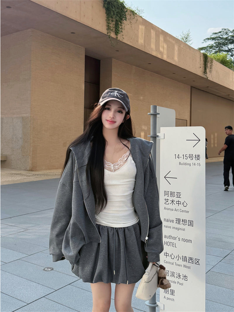 復古慵懶風連帽寬松外套花苞褲裙套裝
