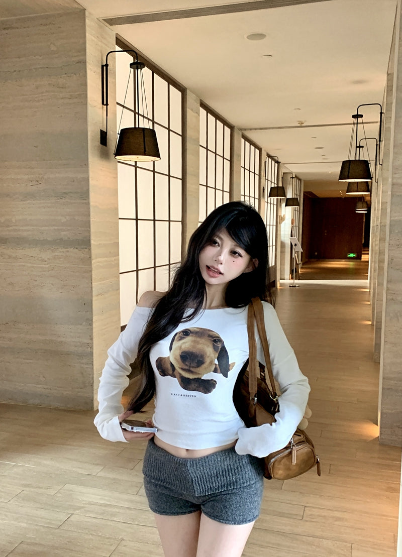 休閒可愛一字肩小狗上衣