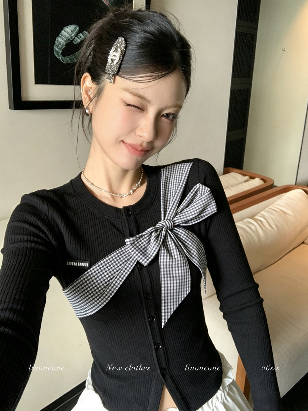 雙色格紋蝴蝶結設計感撞色針織上衣