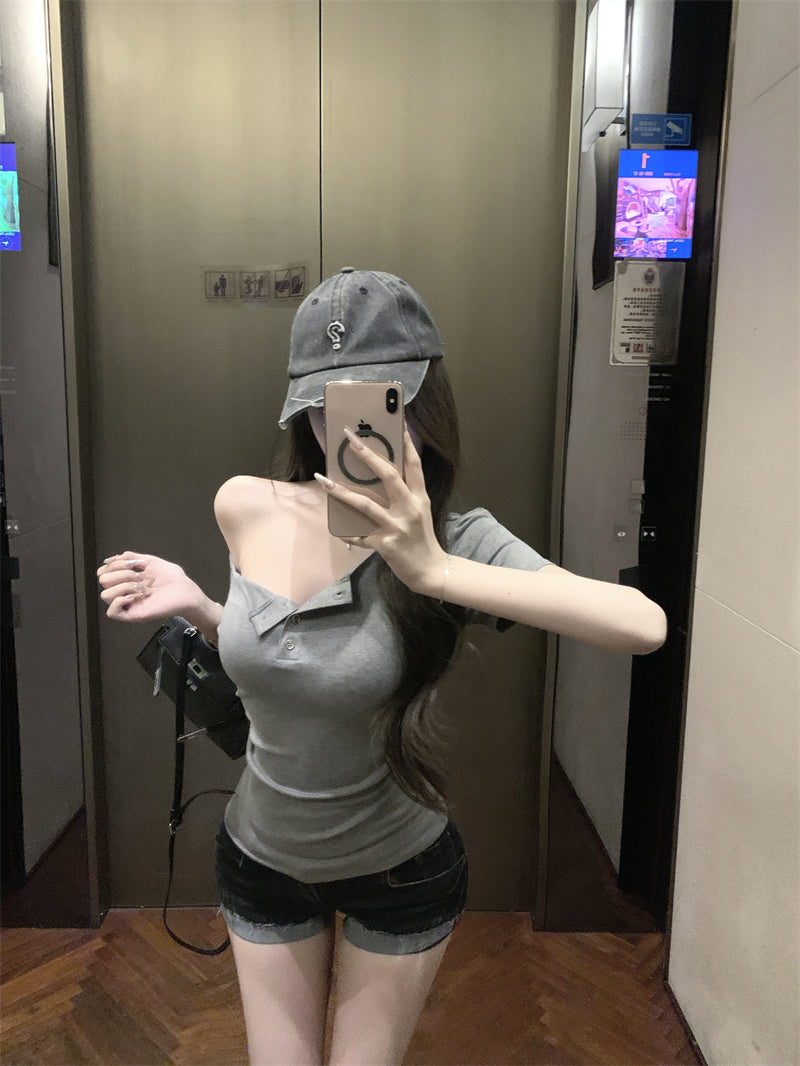 簡約斜肩上衣t袖露肩短款顯瘦上衣