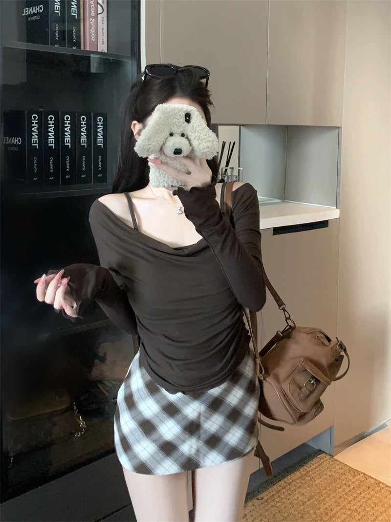 氣質設計感假兩件上衣帶胸墊