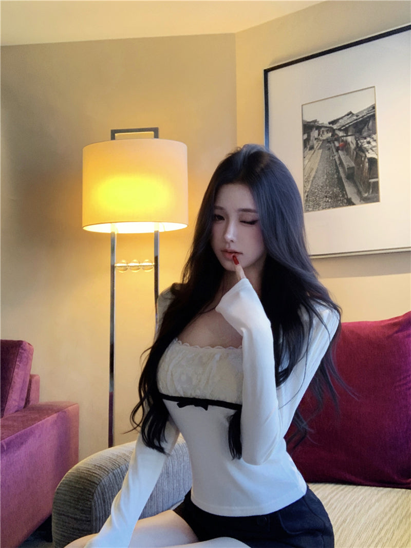 性感純欲拼接蕾絲蝴蝶結上衣