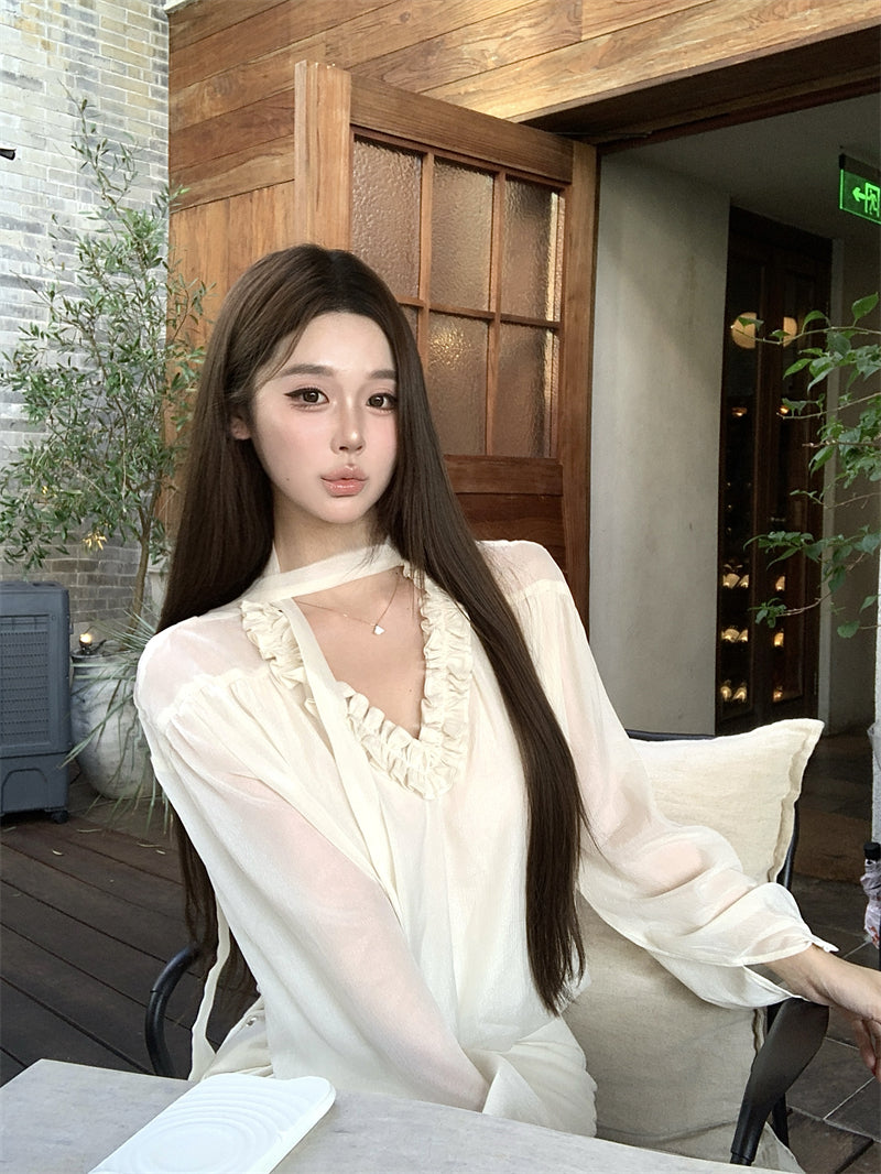 溫柔氣質木耳邊v領飄帶襯衫寬鬆上衣