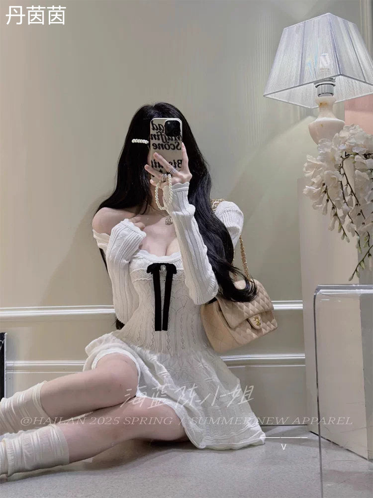 溫柔千金少女蝴蝶結鉤花針織連衣裙