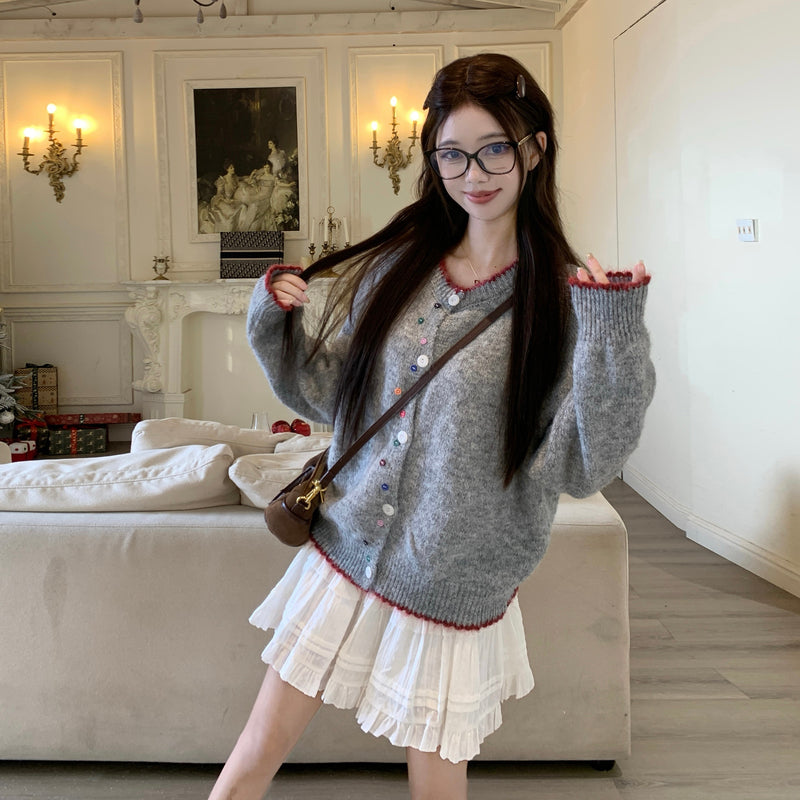 韓系撞色彩扣毛衣外套