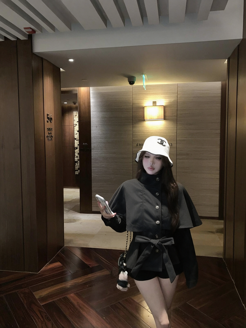 韓系假兩件翻領斗篷風衣雙排扣襯衫