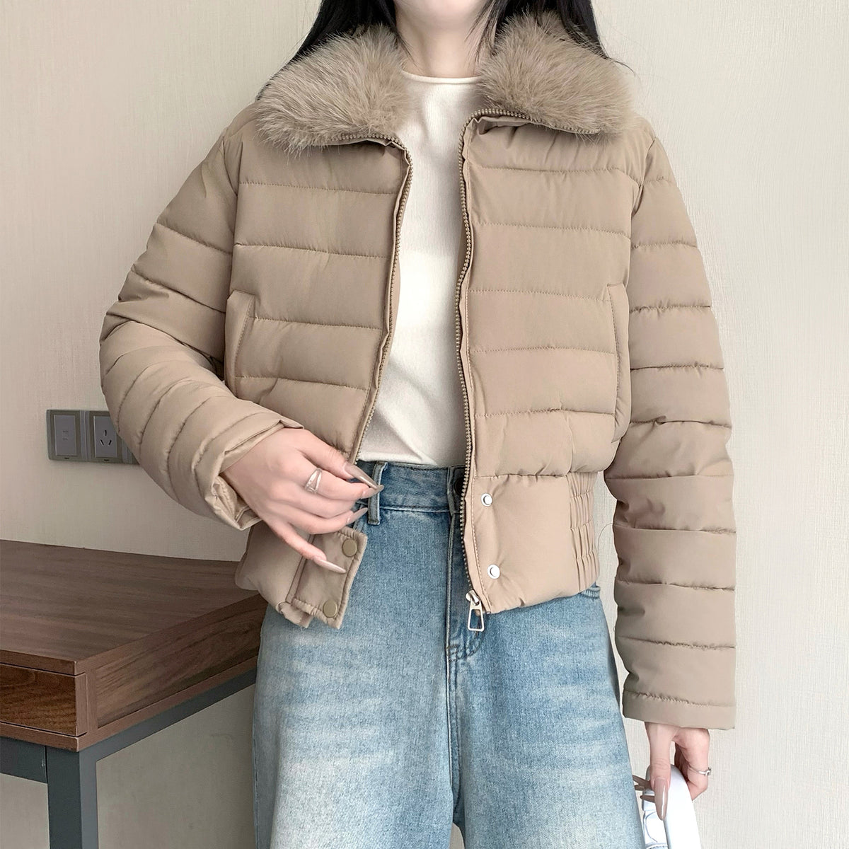 韓系溫暖加厚羽絨短版毛毛連帽外套