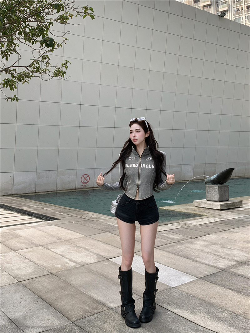 美式水洗立領拉鏈印花字母外套