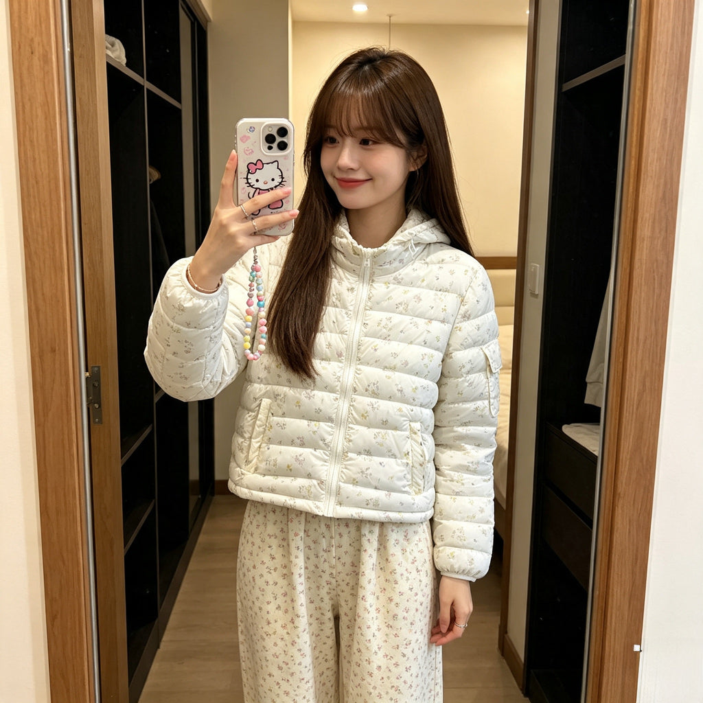 冬季質感慵懶風碎花波點羽絨服