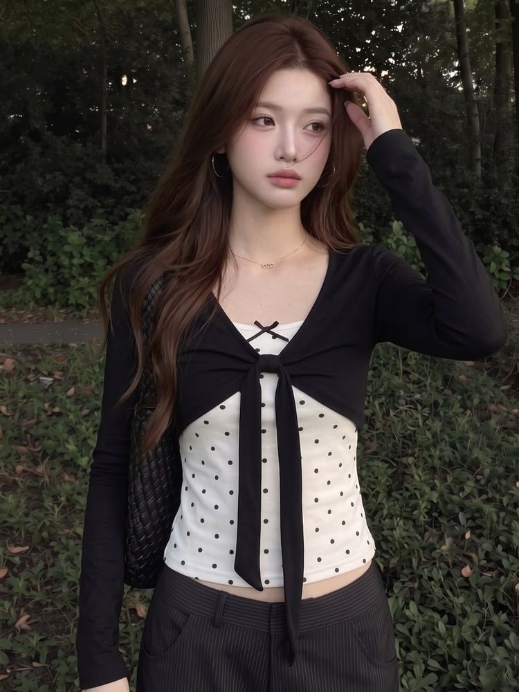 韓系甜美波點蝴蝶結修身上衣