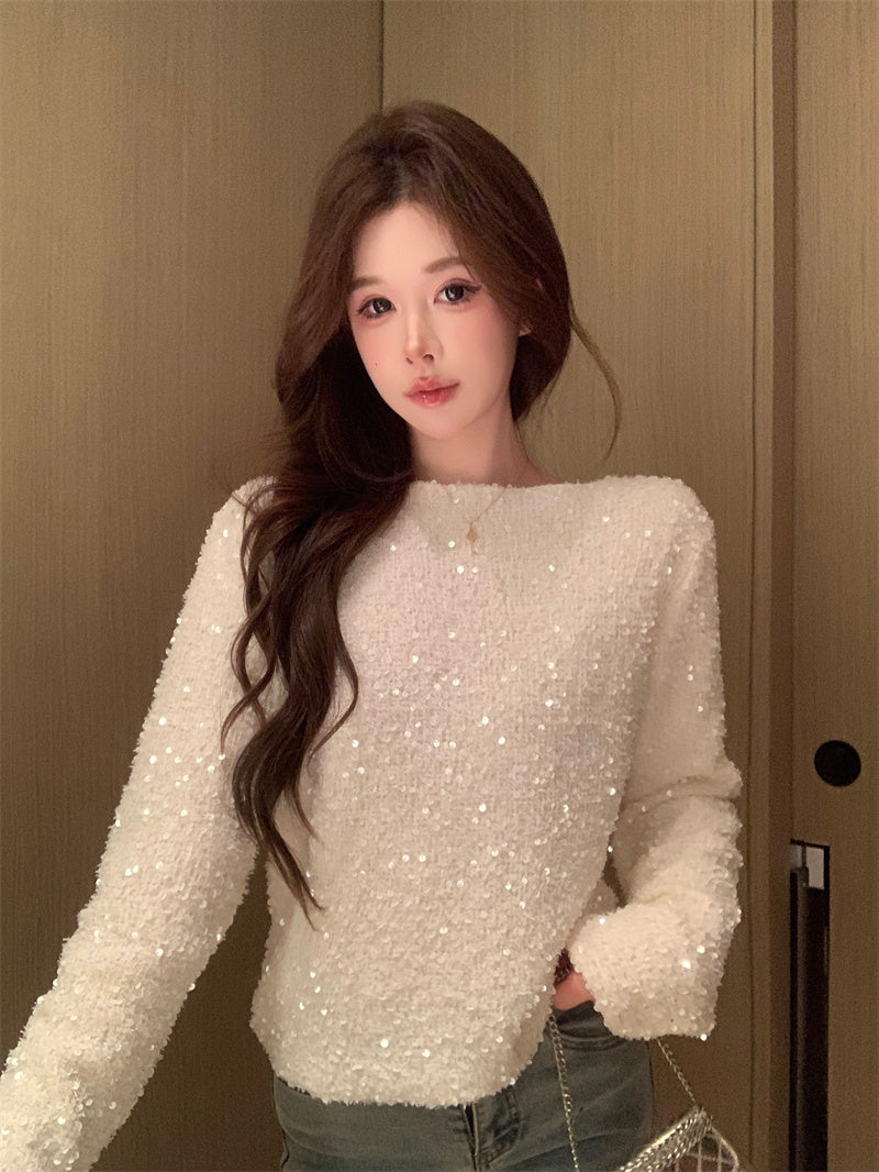 百搭氣質重工亮片V領長袖針織衫