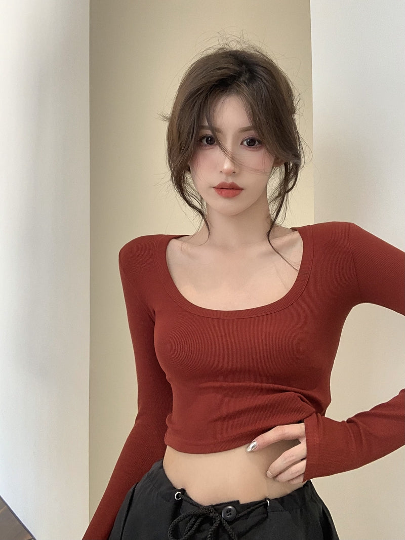 性感U領修身彈力上衣