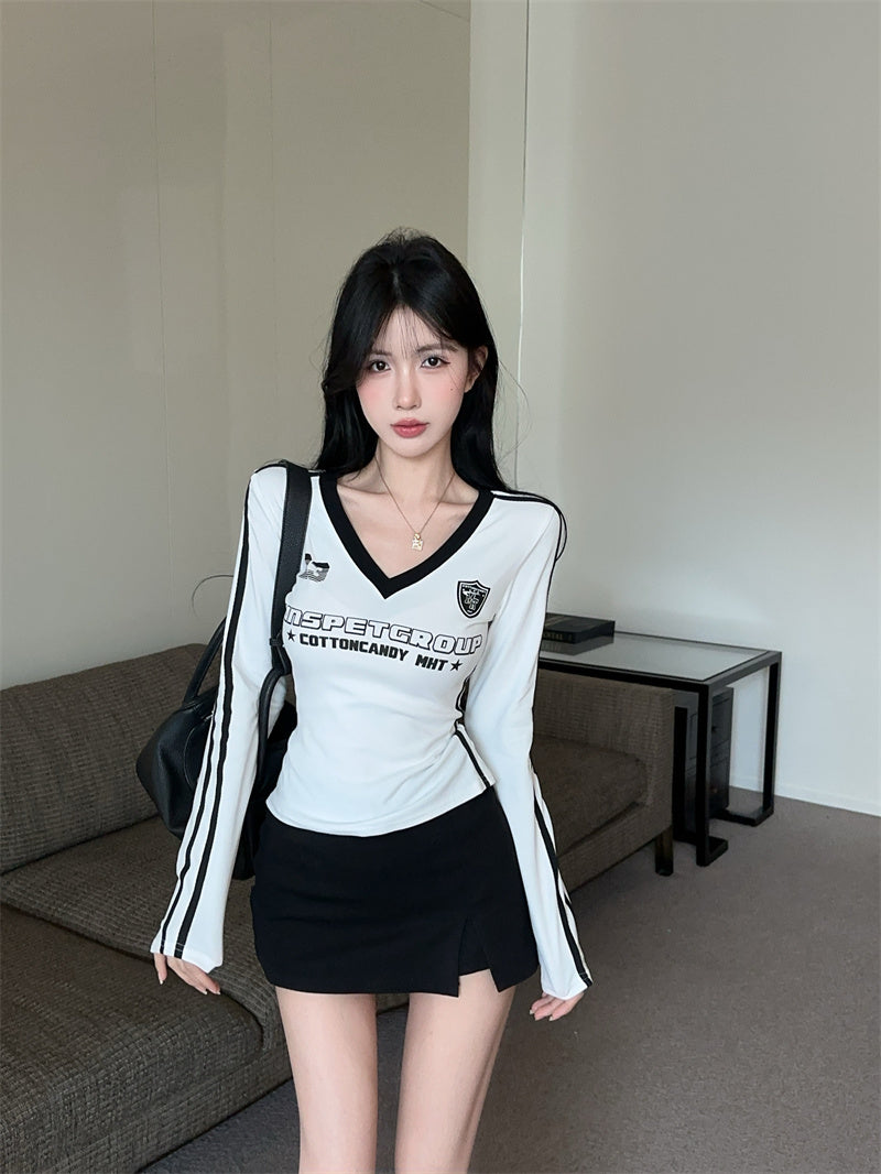 辣妹純欲薄款修身V領上衣