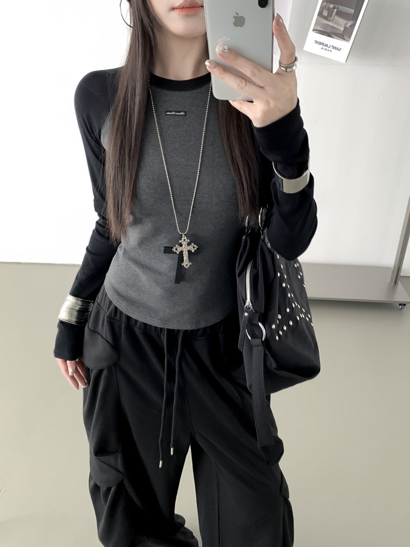 美式復古撞色圓領長袖