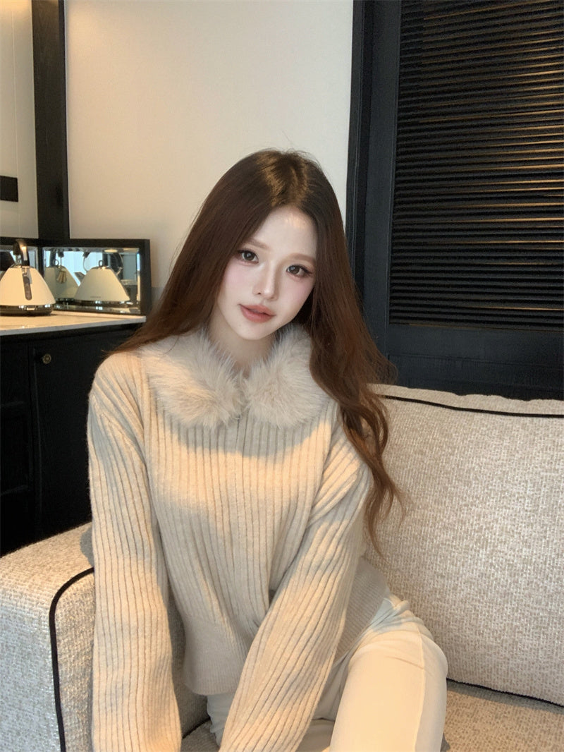 復古慵懶風毛領條紋針織衫外套