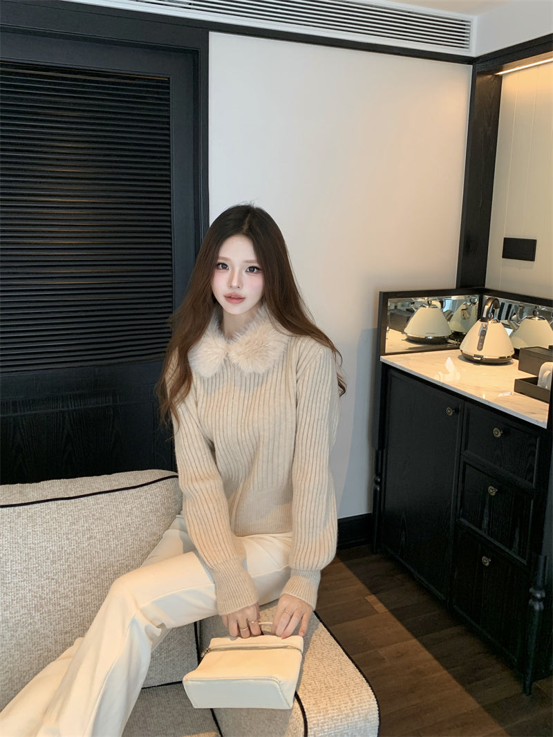 復古慵懶風毛領條紋針織衫外套