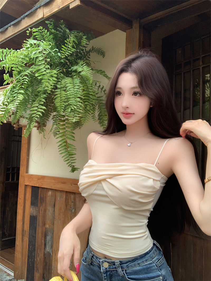 純欲修身帶胸墊褶皺吊帶背