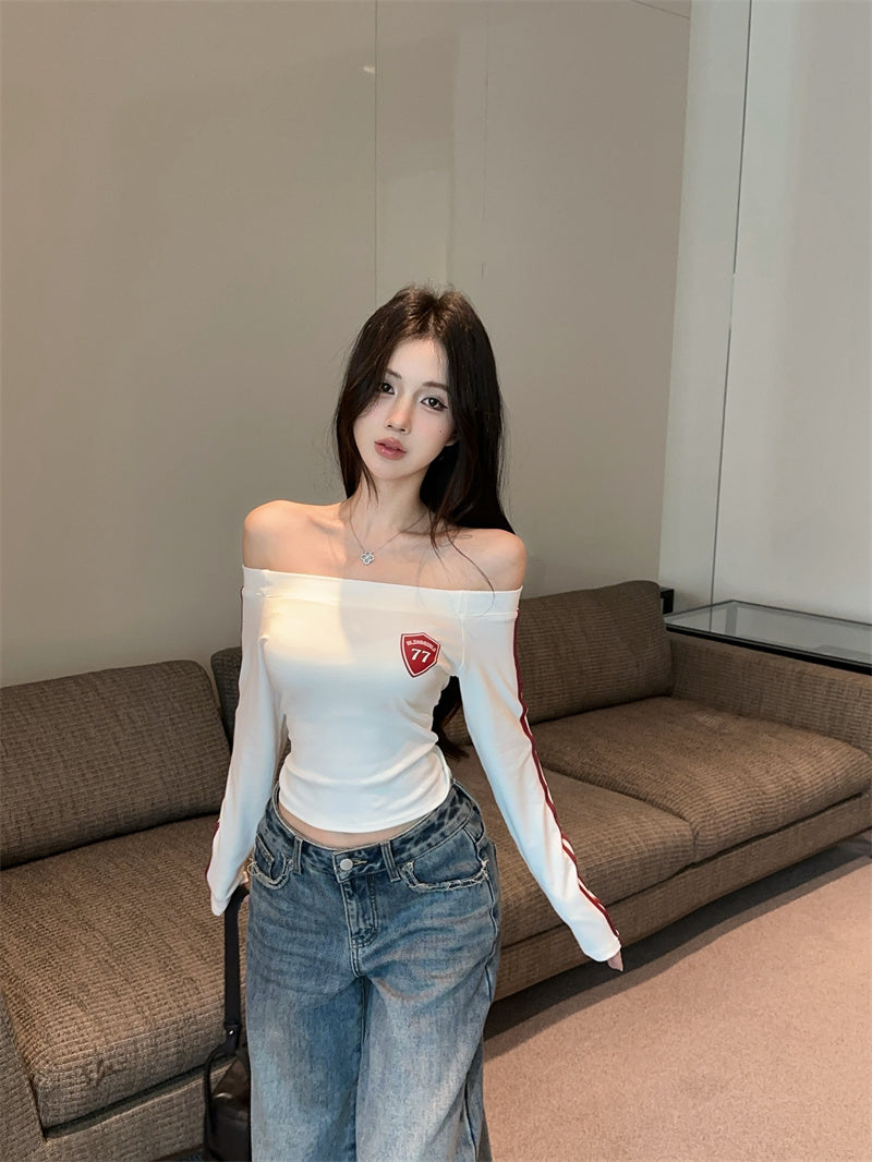 美式辣妹一字肩印花修身顯瘦上衣