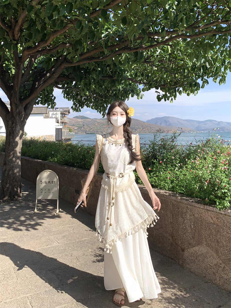 波西米亞不規則流蘇馬甲上衣女度假風半身裙套裝