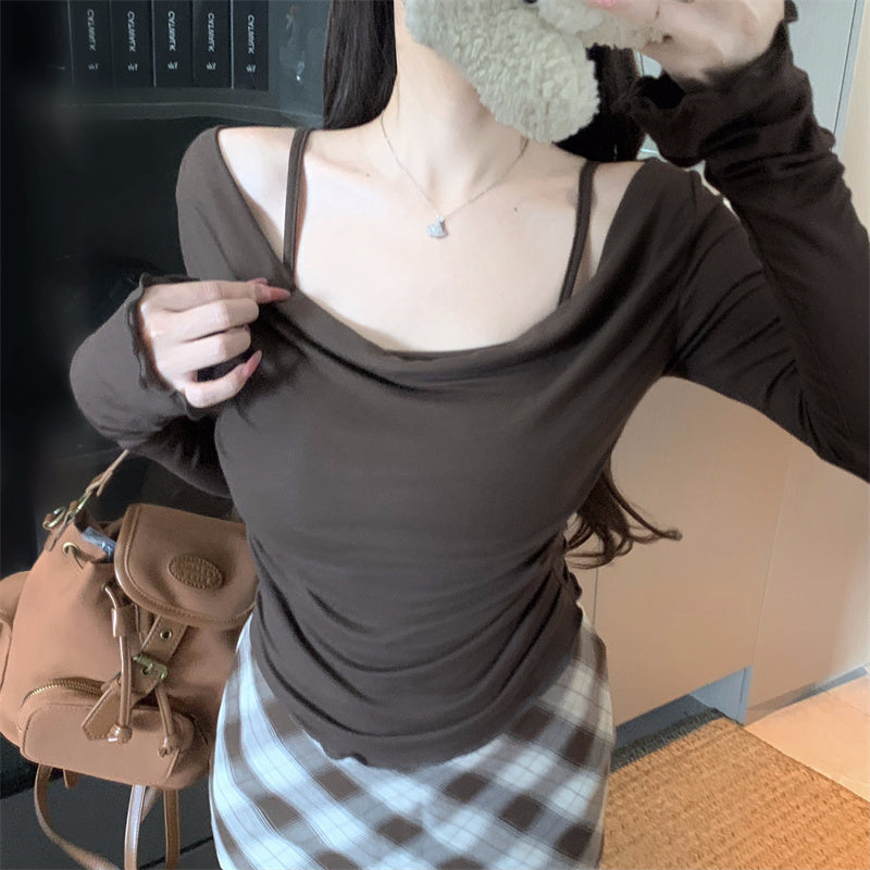 氣質設計感假兩件上衣帶胸墊