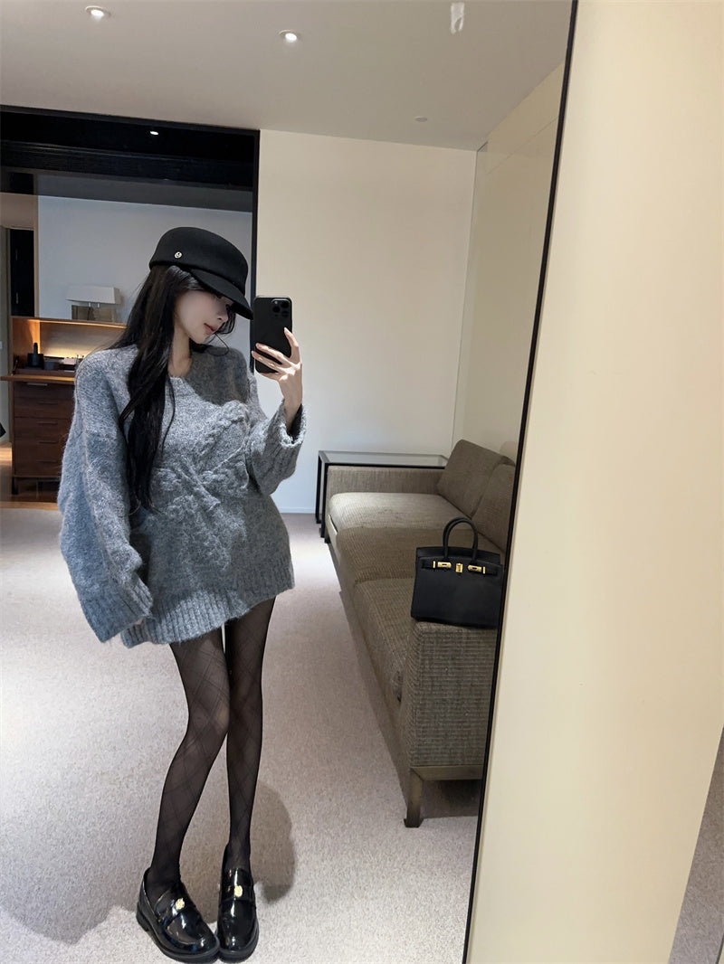 慵懶高級感蝴蝶結圓領寬鬆針織衫
